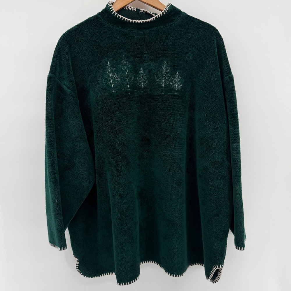 Coldwater Creek Green Chenille Embroidered Tree Sweater Whipstitch Trim Women L